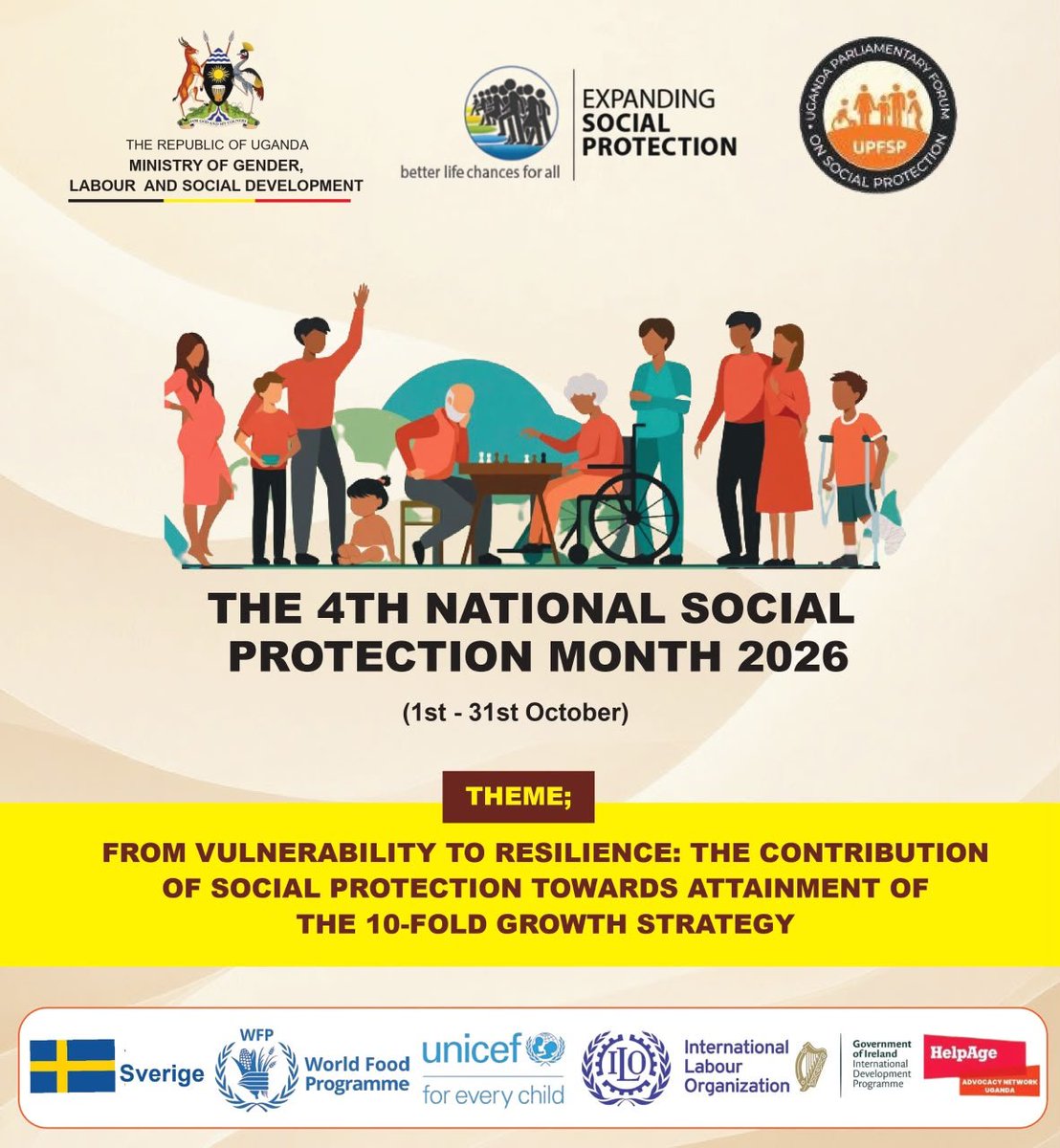 upfsp's tweet photo. October is Social Protection Month
This year we go From Vulnerability to Resilience. How can social protection drive Uganda’s 10-fold growth strategy?
#SPMonth2026
#SocialProtectionUg
@MGLSD_UG @mofpedU @NPA_UG @Parliament_Ug @WFP_Uganda @UNICEFUganda @IrlEmbUganda https://t.co/7s6hAp3pey