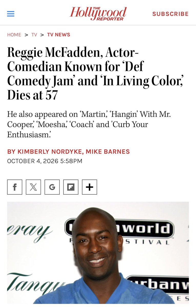 LoniLove's tweet photo. I was hoping the rumors were not true.. we had some funny times Reggie.. make God laugh. Reggie McFadden, best known for appearing on’ In Living Color’, has died at 57.

His sister, Bernice McFadden, confirmed that he died in Tanzania, where he had lived for several years. His cause of death has not been shared. The Brooklyn-born comedian appeared on ‘In Living Color’ from 1993 to 1994 and also had roles on ‘Martin’, ‘Moesha’ and Curb Your ‘Enthusiasm.’

[📸: GETTY ]