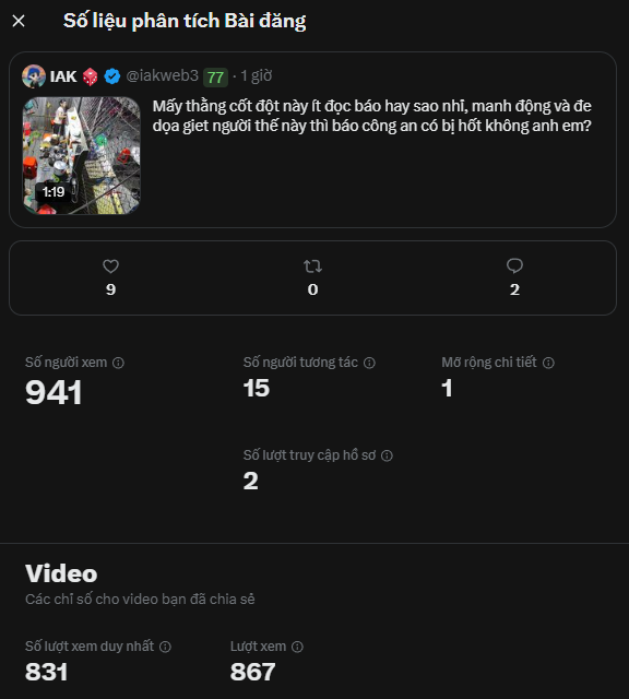 A post analytics dashboard in Vietnamese shows 941 views, 9 likes, and 2 replies for a tweet from user @lakweb3 about a flagpole story.