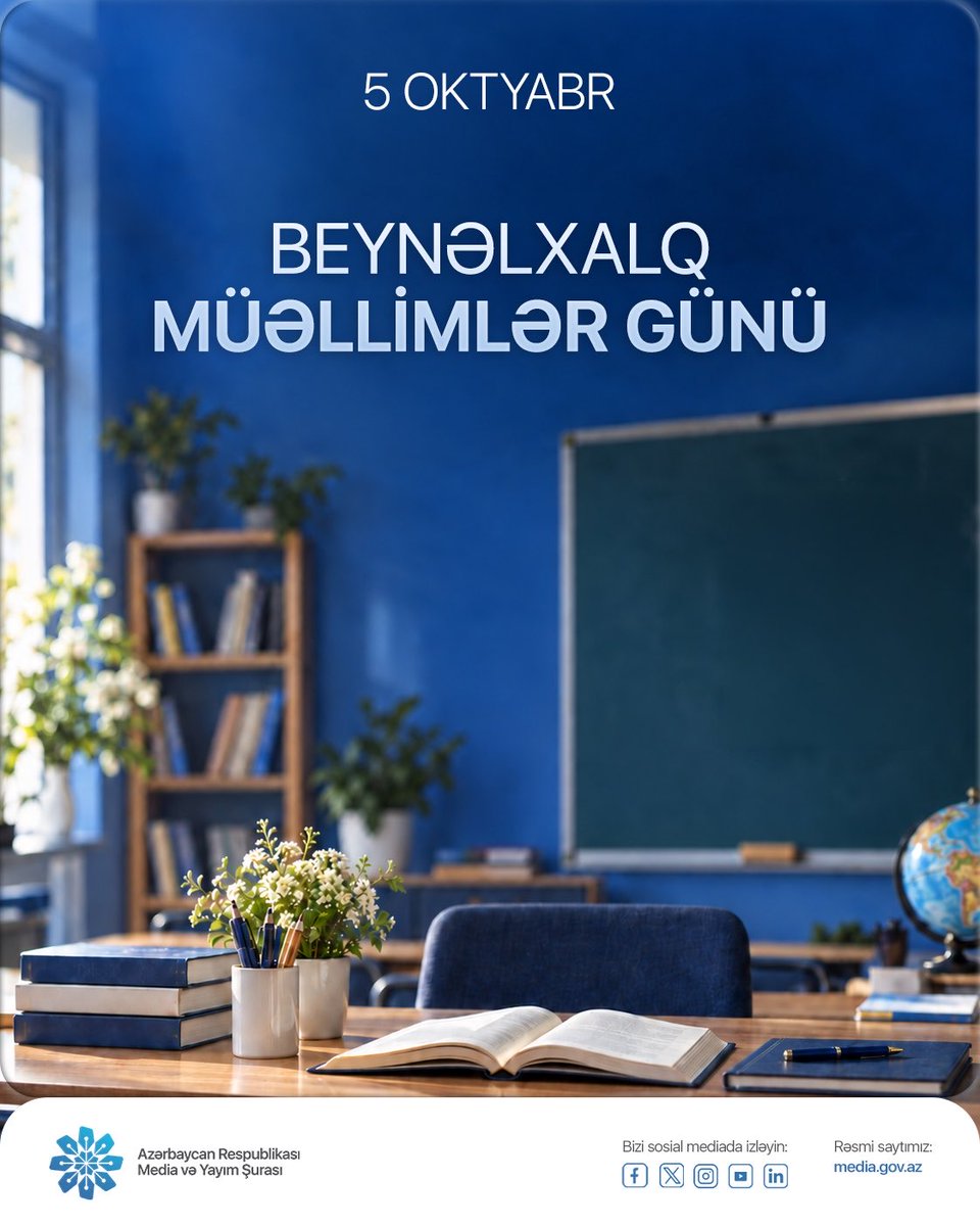 MediaGovAz's tweet photo. Əziz müəllimləri 5 Oktyabr - Beynəlxalq Müəllimlər Günü münasibətilə təbrik edir, bu şərəfli və məsuliyyətli işlərində uğurlar arzulayırıq!

#MediavəYayımŞurası #müəllimlərgünü https://t.co/1oVxFUYn5Z