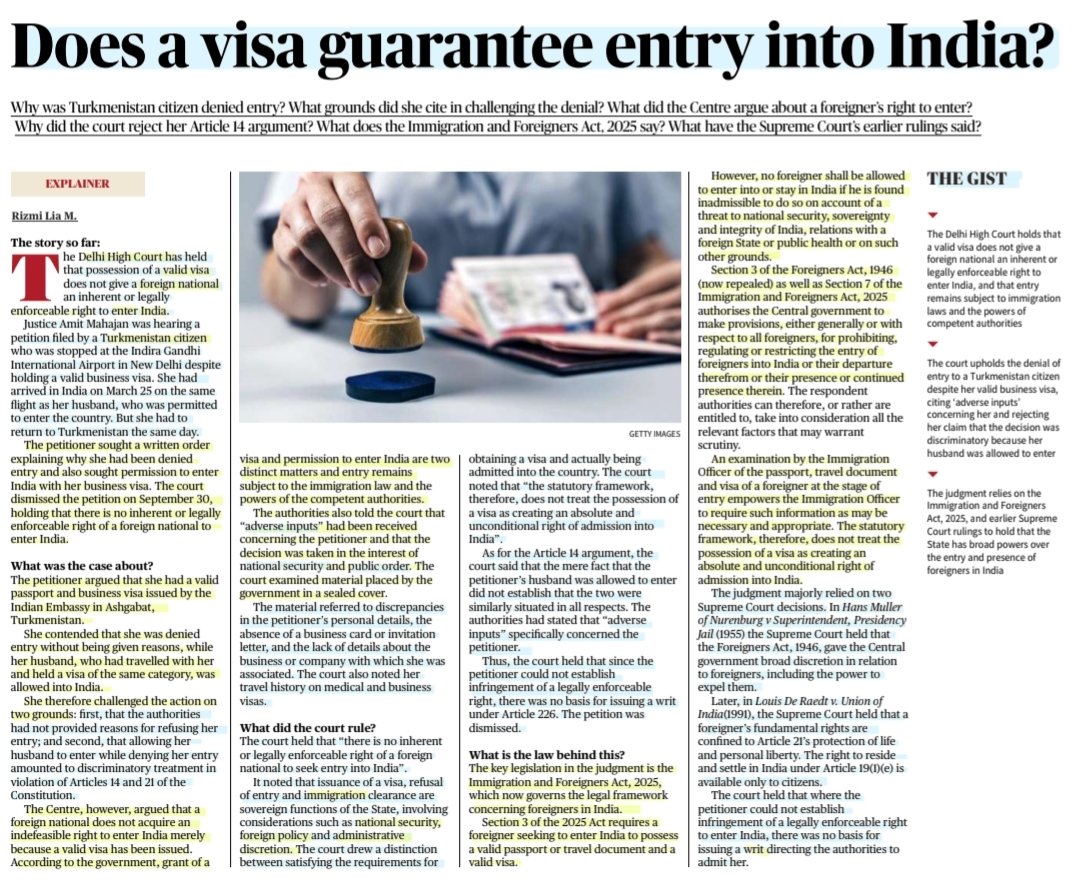 imRavikantYadav's tweet photo. Does a visa guarantee entry into India?
:An informative article by Ms Rizmi Lia M
@rizmilia
#Visa #EnforceableRight #Entry #India #ForeignNationals
#DelhiHighCourt #AdverseInput
#Law #NationalSecurity #PublicOrder #ForeignPolicy #AdministrativeDiscretion
#Immigration
#UPSC https://t.co/HQuhFvxsXZ