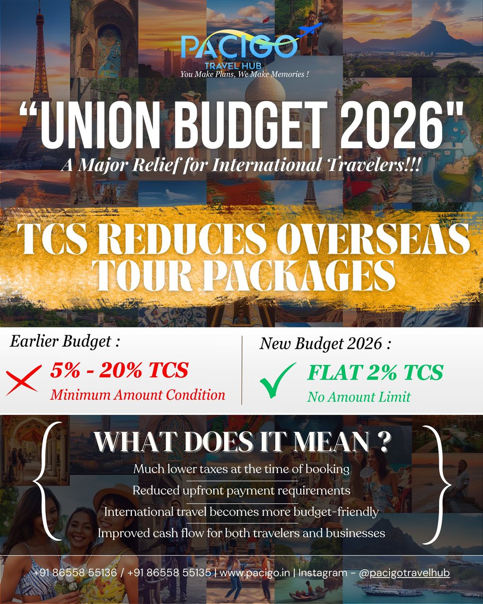 zulemamore's tweet photo. International travel just got more affordable. Union Budget 2026 cuts TCS on overseas tour packages to a flat 2%, with no minimum amount condition. Lower upfront costs, better cash flow, and more room in your travel budget. https://t.co/EdDeOE7gKO