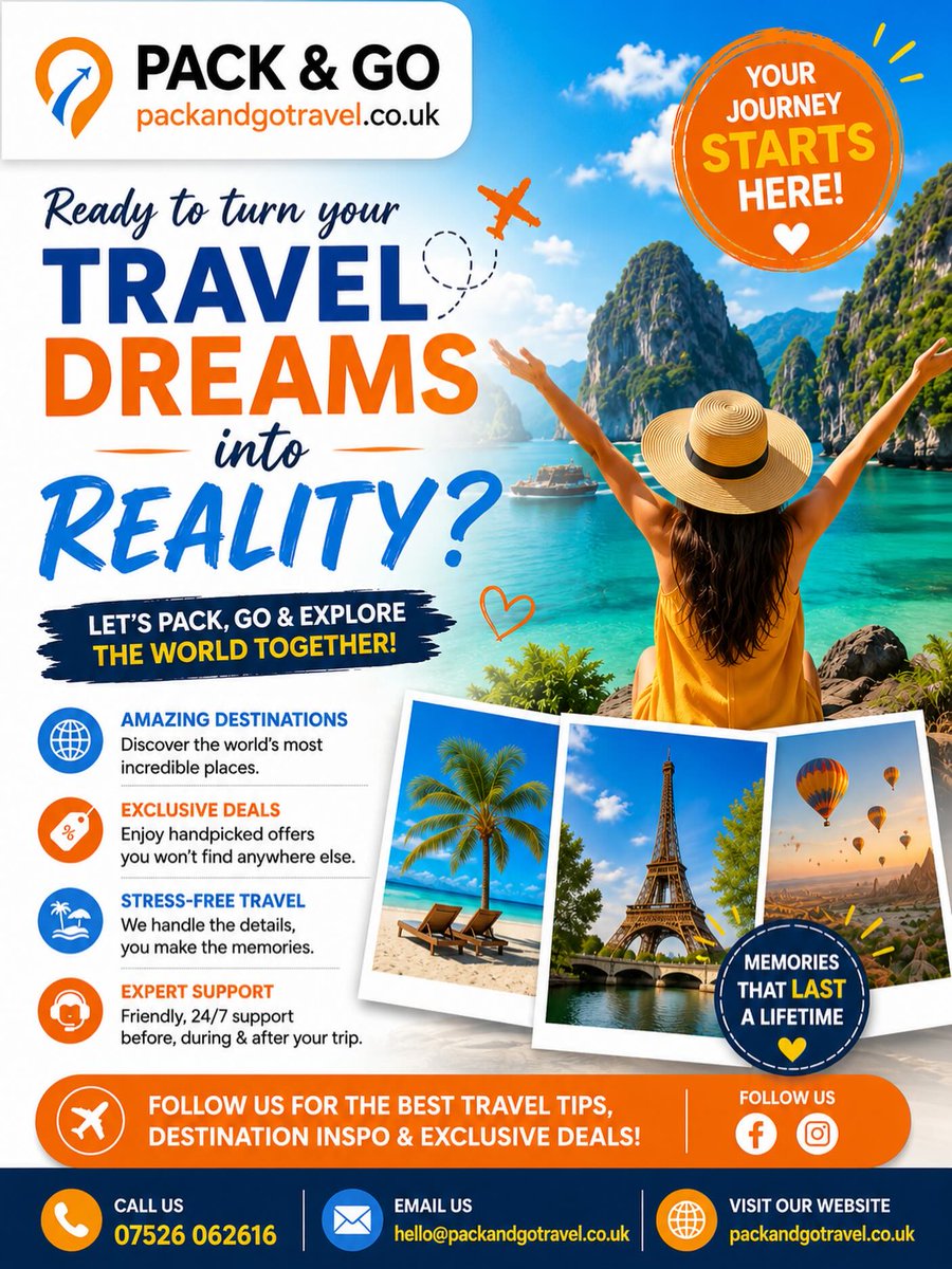 akinoski's tweet photo. Ready to turn your travel dreams into reality? From luxury escapes to family adventures, romantic getaways and last-minute breaks, Pack &amp; Go Travel makes every trip stress-free with expert advice, exclusive deals and personal support. https://t.co/fAdhBfrOVK