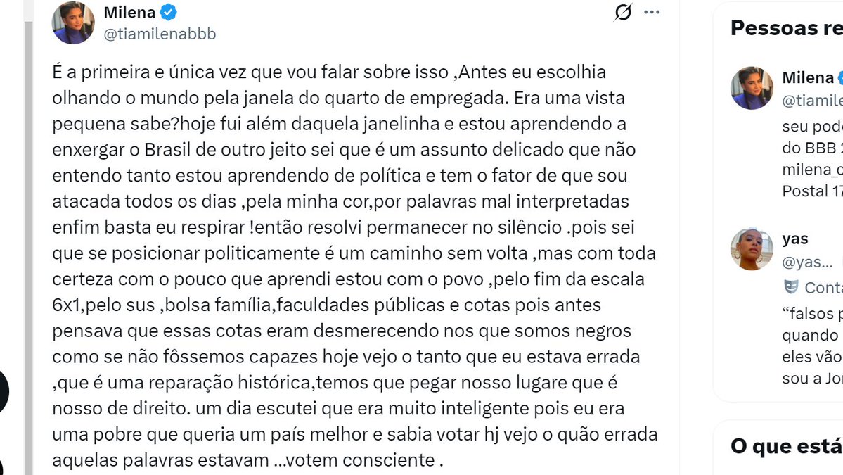 ZAMENZA's tweet photo. Milena: "Antes eu escolhia olhando o mundo pela janela do quarto da empregada. Era uma vista pequena, sabe? Hoje estou aprendendo a enxergar o Brasil de outro jeito. Estou com o povo, pelo fim da escala 6X1, pelo SUS, bolsa família, faculdades públicas e cotas". https://t.co/2sjRrGvUgd
