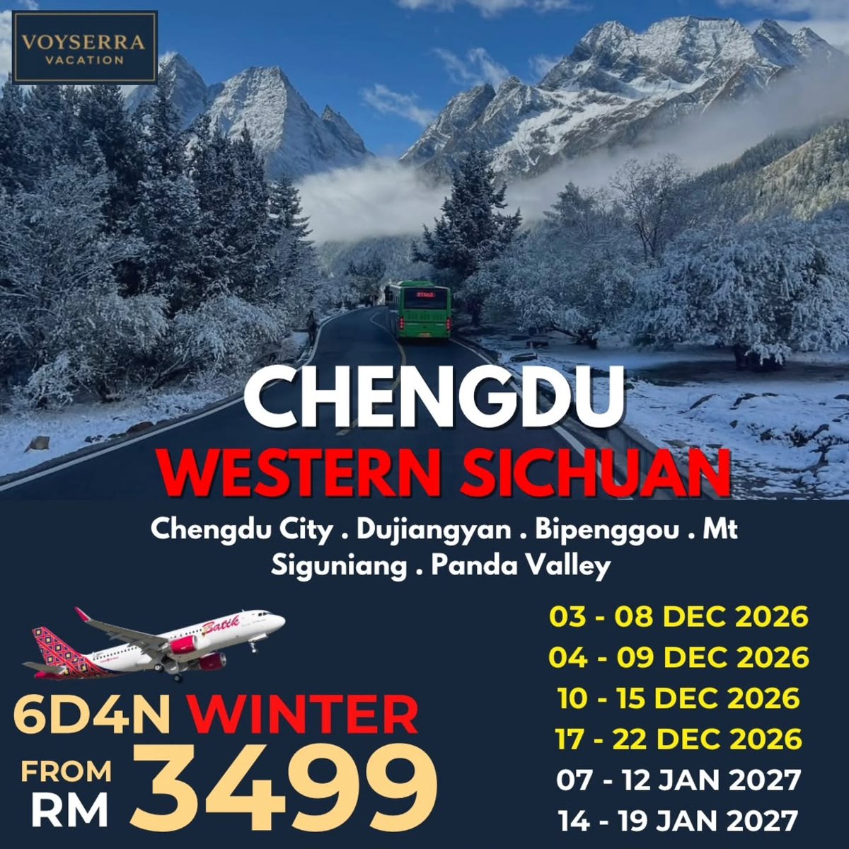 TheChonna's tweet photo. WINTER CHENGDU &amp; WESTERN SICHUAN

Snow view cantik, suasana klasik China dan vibe winter dreamy. 6D4N Chengdu Western Sichuan
Dari RM3499/pax

Bergambar ala ancient China, main salji, nikmati gunung bersalji dan explore Chengdu, Dujiangyan, https://t.co/UfG2zjygHi