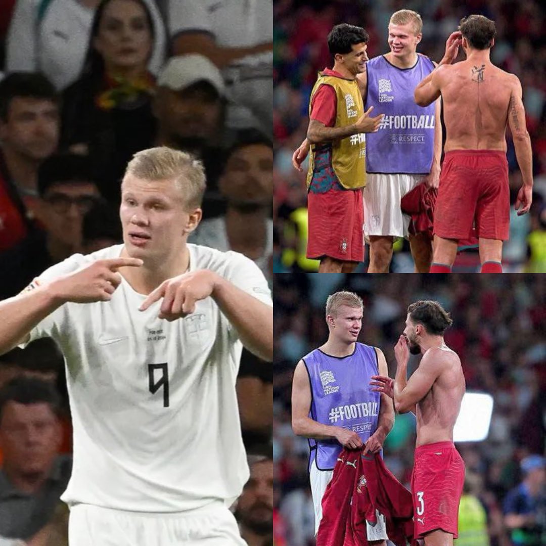 Voicefc1's tweet photo. ⚪️🔵🇳🇴Erling Haaland asked to be substituted for Norway last night before appearing to limp off the pitch⛔️

The report now has it that He is fine at full time as he swapped shirts with Dias and Former ManCity player Cancelo.  

He is ready for Liverpool game. No worries at all. https://t.co/ejPt3K84Ax