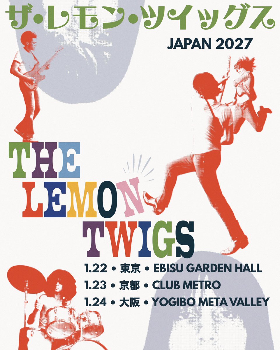 thelemontwigs's tweet photo. Excited to be coming back to Japan for tour in January! Sign up to the pre-sale now to secure your tickets. https://t.co/CI0ufC8SBO
Pre-sale opens this Wednesday, October 7 at 3PM JST,
general on-sale opens on October 17 at 10am JST.

1/22 - Ebisu Garden Hall - Tokyo, Japan
1/23 - Club Metro - Kyoto, Japan
1/24 - Yogibo Meta Valley - Osaka, Japan

🎨 Eva Chambers
📸 Rui Kawase + Kyeonggi Ilbo + Eva Chambers