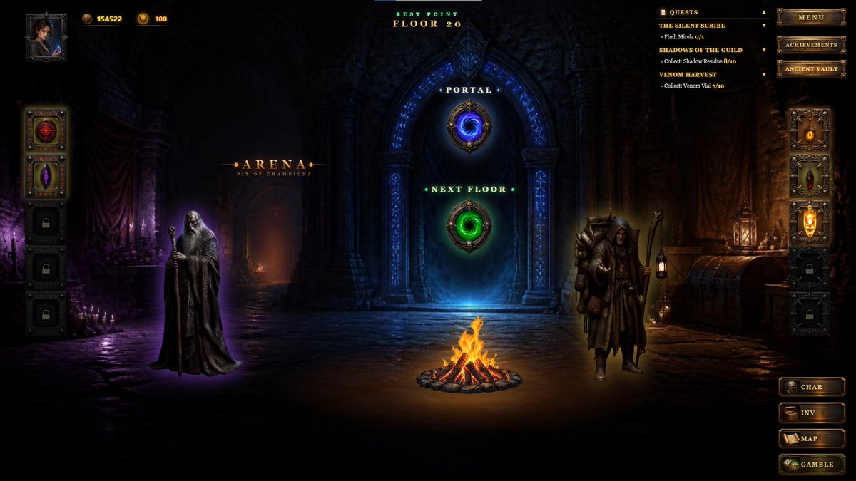 castledarkmoor's tweet photo. TOME OF RUIN — The Word Dungeon
The Rest Room has been redesigned.
New portals.
New atmosphere.
Updated Rune & Charm sockets.
A place to prepare before descending deeper.
Your character. Your build. Your descent.  #TomeOfRuin #IndieGame #IndieDev #GameDev #WordGame #DarkFantasy #RPG #DungeonCrawler #SoloDev #SteamGame #ComingSoon #Gaming