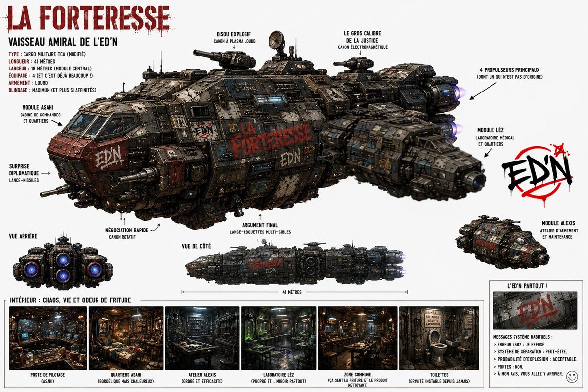 UtopIAleBlog's tweet photo. 🚀Ancien cargo militaire de la TCA rafistolé, La Forteresse est le vaisseau de l’ED’N. Trois modules séparables, des canons aux noms improbables, une mécanique capricieuse et quelques particularités…
https://t.co/zP4fiPzjOK
#UtopIA #EDN https://t.co/hj2JXOS35f