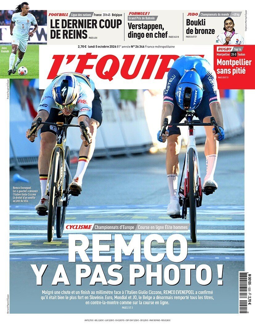 faustocoppi60's tweet photo. A sprint finish worthy to be on the front page of L'Equipe. 👍

#EuroRoad26 https://t.co/6m62Sy91xe