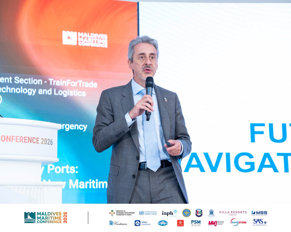 Portmv's tweet photo. Mark Assaf of UNCTAD explores the future of ports and the changing maritime landscape in his session, Future-Ready Ports: Navigating a New Maritime Era.
#maldivesmaritimeconference2026 #MMC2026 https://t.co/dcFcG9k0GZ