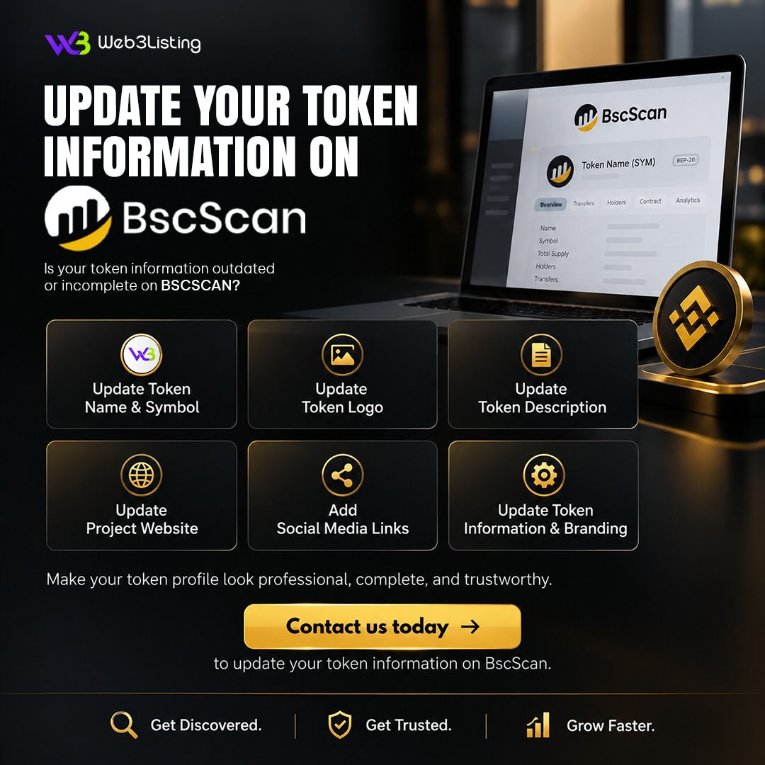 Web3Listingcom's tweet photo. 🔔 UPDATE YOUR TOKEN INFORMATION ON BSCSCAN

Is your token information outdated or incomplete on BScscan?

✅ Update Token Name & Symbol
✅ Update Token Logo
✅ Update Token Description
✅ Update Project Website
✅ Add Social Media Links
✅ Update Token Information & Branding

🚀 Make your token profile look professional, complete, and trustworthy.

📩 Contact us today to update your token information on BscScan.

Get Discovered. Get Trusted. Grow Faster