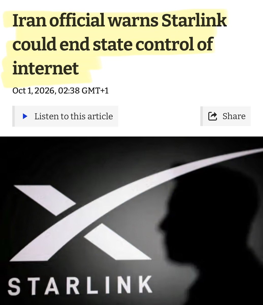 Artemisfornow's tweet photo. Remember when the Iranian government cut off the internet from its people and over 50,000 Starlink terminals were smuggled in for the people to use?

Well the UN has just sided with IRAN and repeatedly told Norway and the US to take action to disable Starlink inside Iran.

That’s what world governments do.
