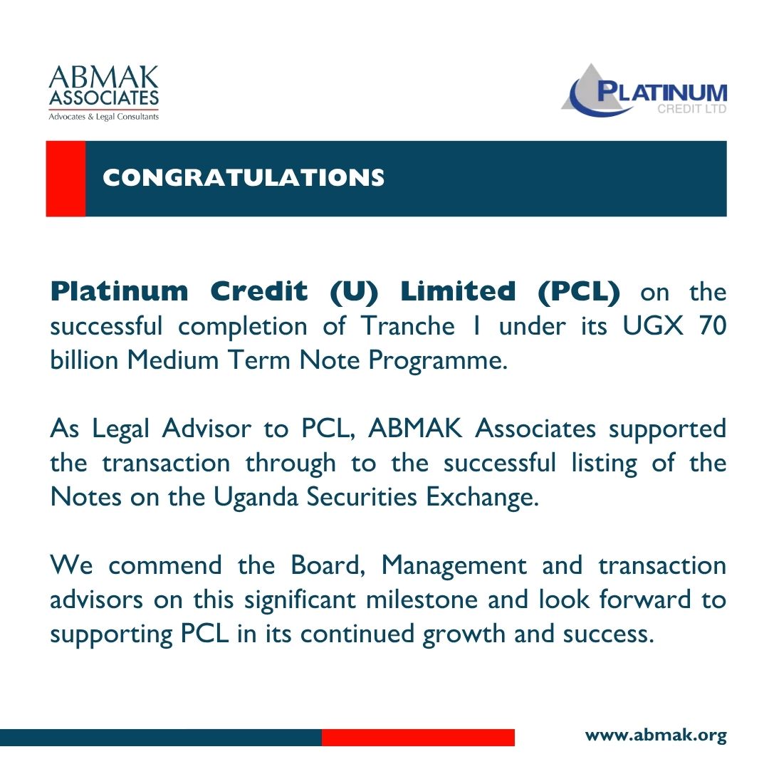 AbmakAssociates's tweet photo. @AbmakAssociates congratulates @pcl_uganda on the successful completion of Tranche 1 under its UGX 70 billion Medium Term Note Programme. As Legal Advisor, we supported PCL through the transaction and successful listing of the Notes on @USEUganda. https://t.co/IrgOufYEPt