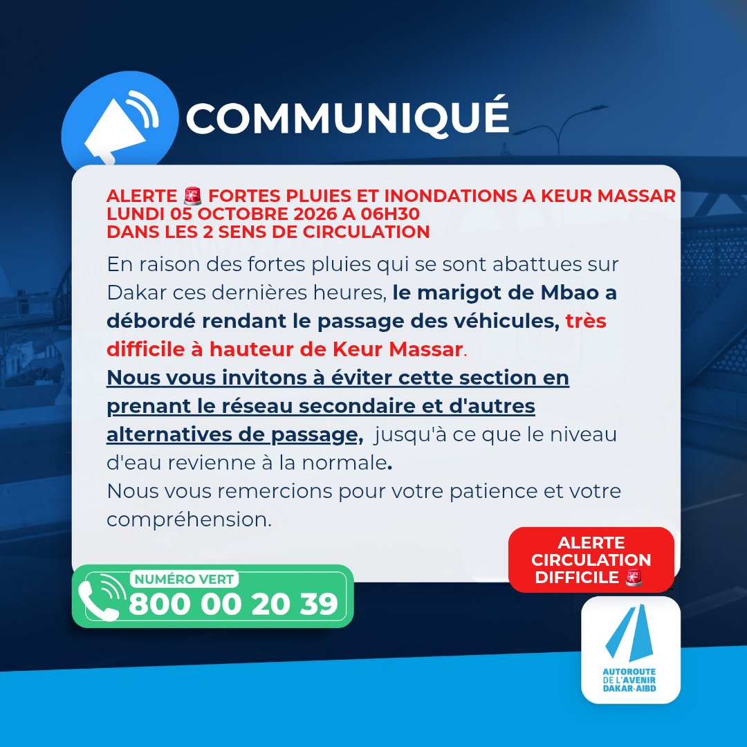 autorouteavenir's tweet photo. Communiqué urgent 🚨 lundi 05 octobre 2026
@DKaeroport
@dakardemdikk1 
#kebetu
#alertetraficadda https://t.co/bVnZSXT4LU