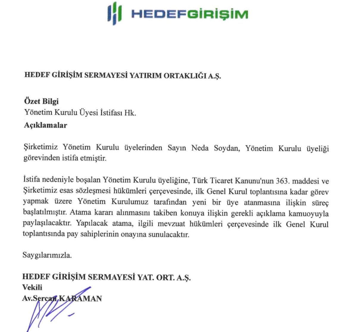 haberfon7's tweet photo. 🔴 Hedef Portföy, Hedef Girişim ve HUB Girişim yönetim kurulu üyesi Neda Soydan istifa etti. https://t.co/mpFtmaFfCn