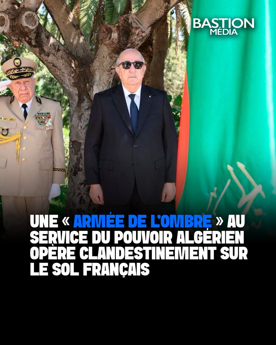 BastionMediaFR's tweet photo. 🔴🇫🇷🇩🇿 𝗙𝗟𝗔𝗦𝗛 𝗜𝗡𝗙𝗢 — Une « armée de l’ombre » au service du pouvoir algérien opérerait clandestinement sur le sol français, selon une enquête des journalistes Christophe Dubois et Marie-Christine Tabet.

Depuis l’ambassade d’Algérie à Paris, un « bureau sécurité » pilote les agents des 20 consulats répartis sur le territoire français. Chacun gère un réseau clandestin d’informateurs recrutés notamment au sein de la communauté franco-algérienne.

Cette organisation structurée et hiérarchisée effectue des repérages et des filatures, recrute des hommes de main et cible les opposants au régime d’Abdelmadjid Tebboune installés en Europe. L’enquête fait également état de projets d’assassinats, d’enlèvements et de menaces.

« Nous mettrons contre eux tous les moyens. Ils payeront le prix fort, même s’ils ouvrent leur bouche de loin », a notamment déclaré Abdelmadjid Tebboune à propos des opposants et « subversifs » en exil, selon les auteurs.

En avril 2024, l’opposant algérien Amir Boukhors a été enlevé et séquestré en Île-de-France par un commando. Parmi les suspects arrêtés figure un agent alors en poste au consulat d’Algérie à Créteil, soupçonné d’être un membre actif des services algériens.

Les journalistes consacrent un chapitre intitulé « Terrorisme d’État » à ce système. Selon leur enquête, la justice française a retenu cette qualification dans trois dossiers visant l’Algérie pour la seule année 2026.

(Source : Le JDD)