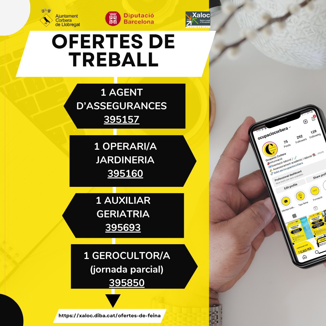 AjCorberaLl's tweet photo. 🌟OFERTES DE FEINA DE LA SETMANA 🌟
🚀 Troba la teva pròxima oportunitat laboral al nostre municipi. Registra't a la borsa de treball municipal (Xarxa XALOC) i accedeix a les últimes ofertes de feina.
#ocupaciócorbera #recercadefeina #oportunitatsprofessionals https://t.co/gbs4razjla