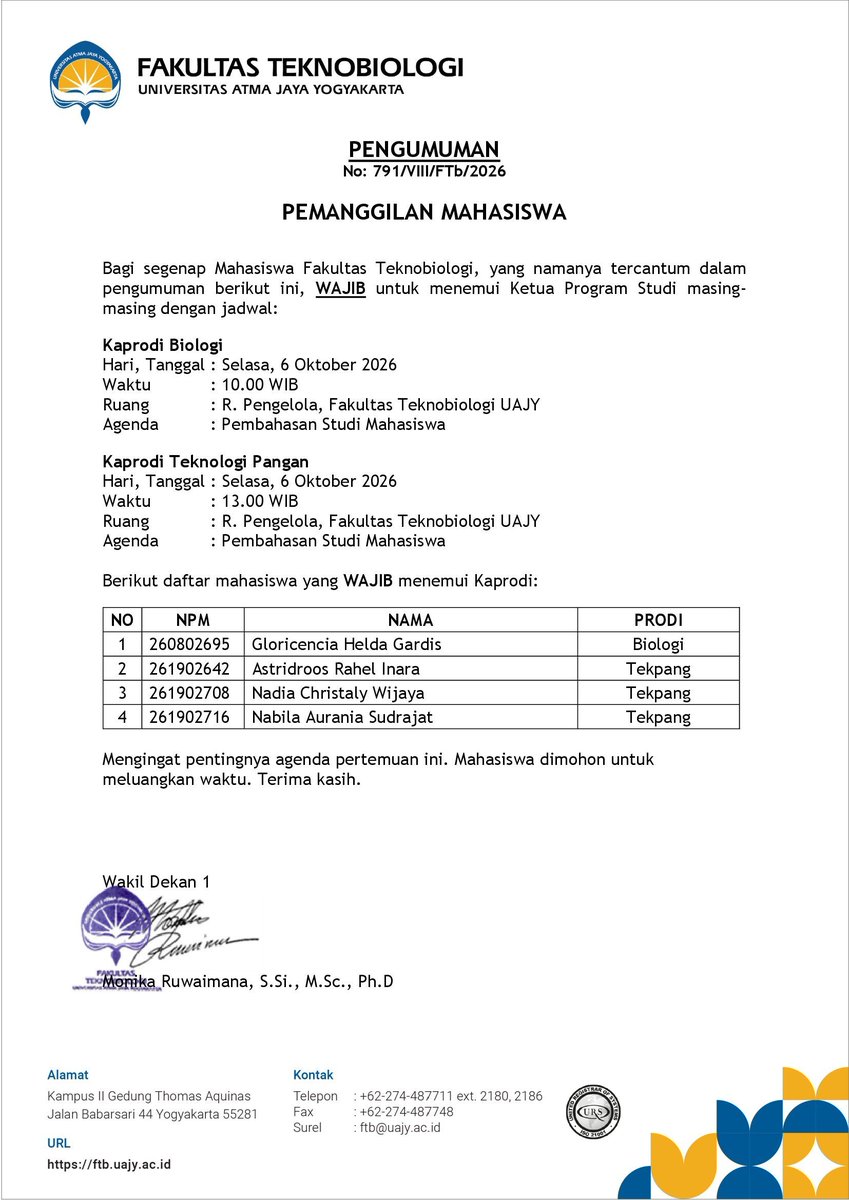 FTB_perkuliahan's tweet photo. #Pengumuman Pemanggilan Mahasiswa. Kepada Mahasiswa yang tercantum namanya dalam daftar pengumuman dimohon untuk menemui Kaprodi masing-masing. Terima kasih. https://t.co/3VB6e5V2He