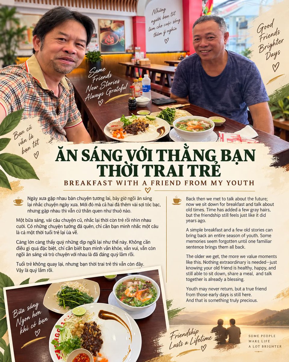 BriansShacota's tweet photo. Ăn sáng với bạn thời trai trẻ, nhắc chuyện xưa rồi cười như chưa từng lớn. Tóc có bạc thêm, nhưng “mày – tao” vẫn thân quen. Chỉ cần bạn còn khỏe, còn vui, còn ngồi lại với nhau là quý lắm rồi. https://t.co/fA45njTwlX