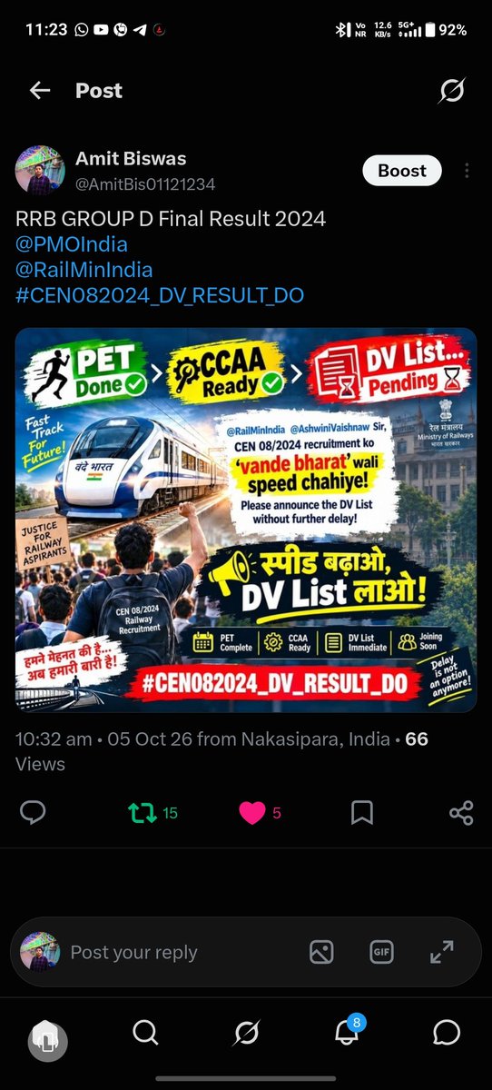 AmitBis01121234's tweet photo. RRB GROUP D Final Result  Twitter(X)Campaign✅

05 October Time : 10:30am

#CEN082024_DV_RESULT_DO
@PMOIndia 
@RailMinIndia https://t.co/fntD5PlaK8
