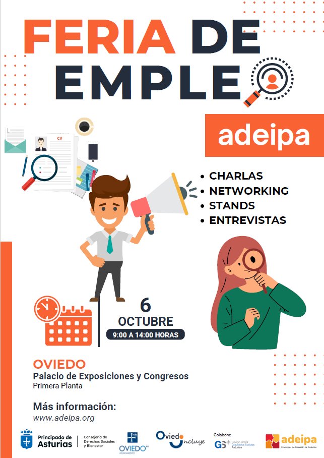 Integracee's tweet photo. ¿Buscas empleo en #Oviedo? ¡Acércate a nuestro estand de la Feria de Empleo de @ADEIPA! 

📅 6 de octubre
📍 Palacio de Exposiciones y Congresos de Oviedo, primera planta. 
⏰ De 9:00 a 14:00 horas

¡Queremos conocerte! #IntegraCEE #PersonasConDiscapacidad #OportunidadesLaborales https://t.co/2uKTDjxdLC