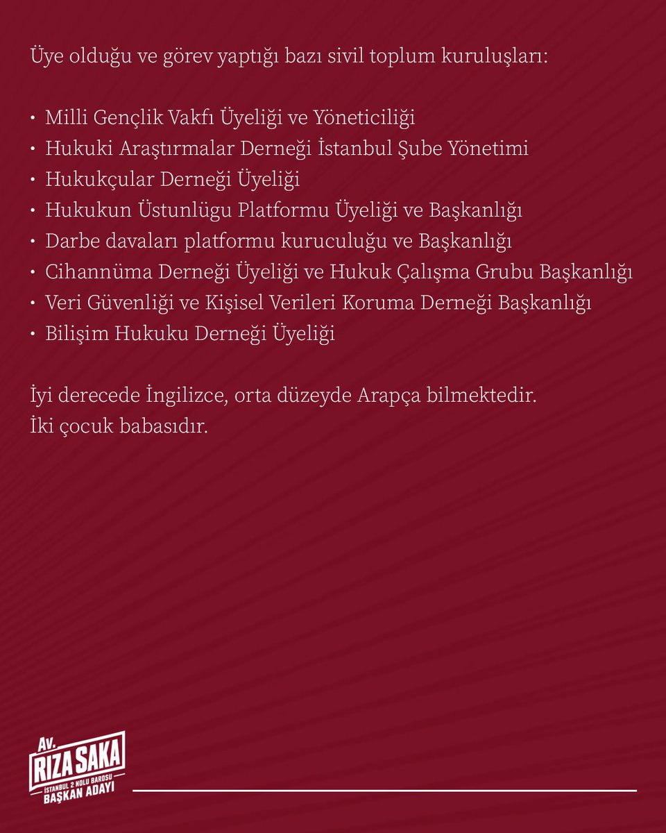 RizaSaka's tweet photo. “Geçmişin deneyimiyle, geleceğin barosu” vizyonu doğrultusunda; 1992 yılından bu yana süregelen meslek hayatım, sivil toplum çalışmalarım ve hukuk mücadelemizle şekillenen yolculuğumun özetini saygıdeğer meslektaşlarımızın bilgilerine sunuyoruz.

İstanbul 2 No’lu Barosu’nun kurumsal kimliğini güçlendirmek, mesleğimizin saygınlığını korumak ve bağımsız savunmayı yarınlara taşımak gayesiyle yola çıkıyoruz.

Baromuz ve tüm meslektaşlarımız adına çıktığımız bu sürecin hayırlı olmasını diler, saygılarımı sunarım.