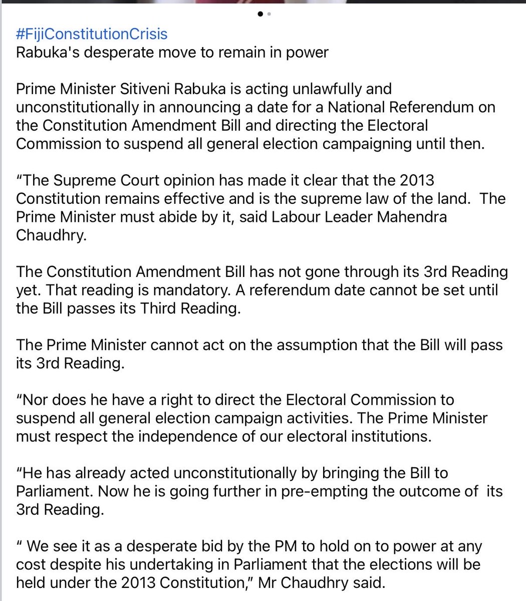 paintsandsings's tweet photo. #Fiji 
Under the veil of #COP31 Rabuka has announced a Referendum.
Mahendra Chaudry is a very decent man . Unfortunately few Fijians I know think same about PM Rabuka , who would appear to be up to his old tricks @SenatorWong @AlboMP https://t.co/aA6H09cVvq