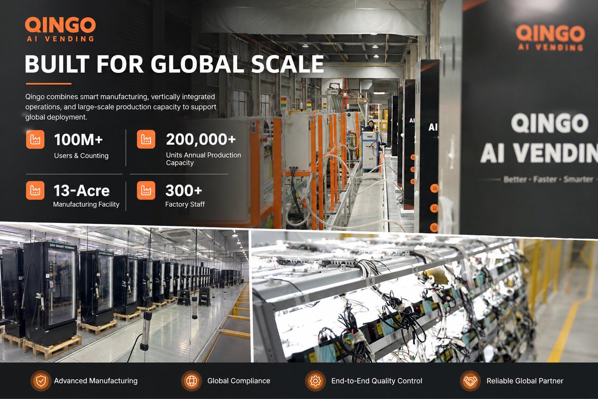 QingoVending's tweet photo. One factory. Global capabilities. Local solutions.
That’s how QINGO turns manufacturing strength into a global vending business.
#QINGO #AIVendingMachine #VendingMachineManufacturer #SmartVending #VendingMachineFactory https://t.co/F7nOp9MEYY