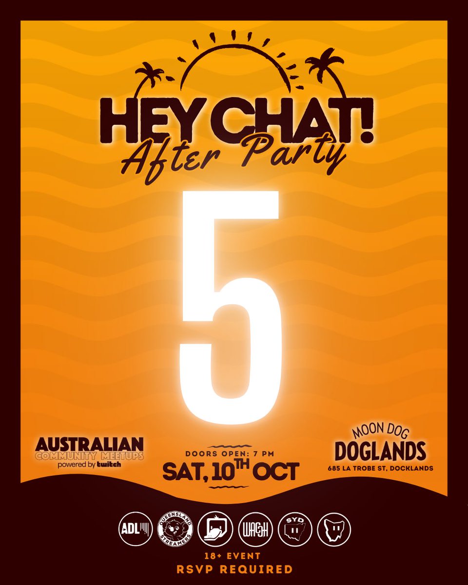 TwitchMelbourne's tweet photo. 5 DAYS TO HEY CHAT! 💜

What's waiting for you?

🎧 DJs
🕹️ Retro arcade
📸 Photo booth
🎁 Giveaways
🍹 Bevvies

Sat 10 Oct | 7PM–12PM
Moon Dog Doglands | 18+

WHAT ARE YOU HITTING FIRST? 👀

🎟️ Tickets https://t.co/sFObuvzJq6 https://t.co/IkQLg0m1si