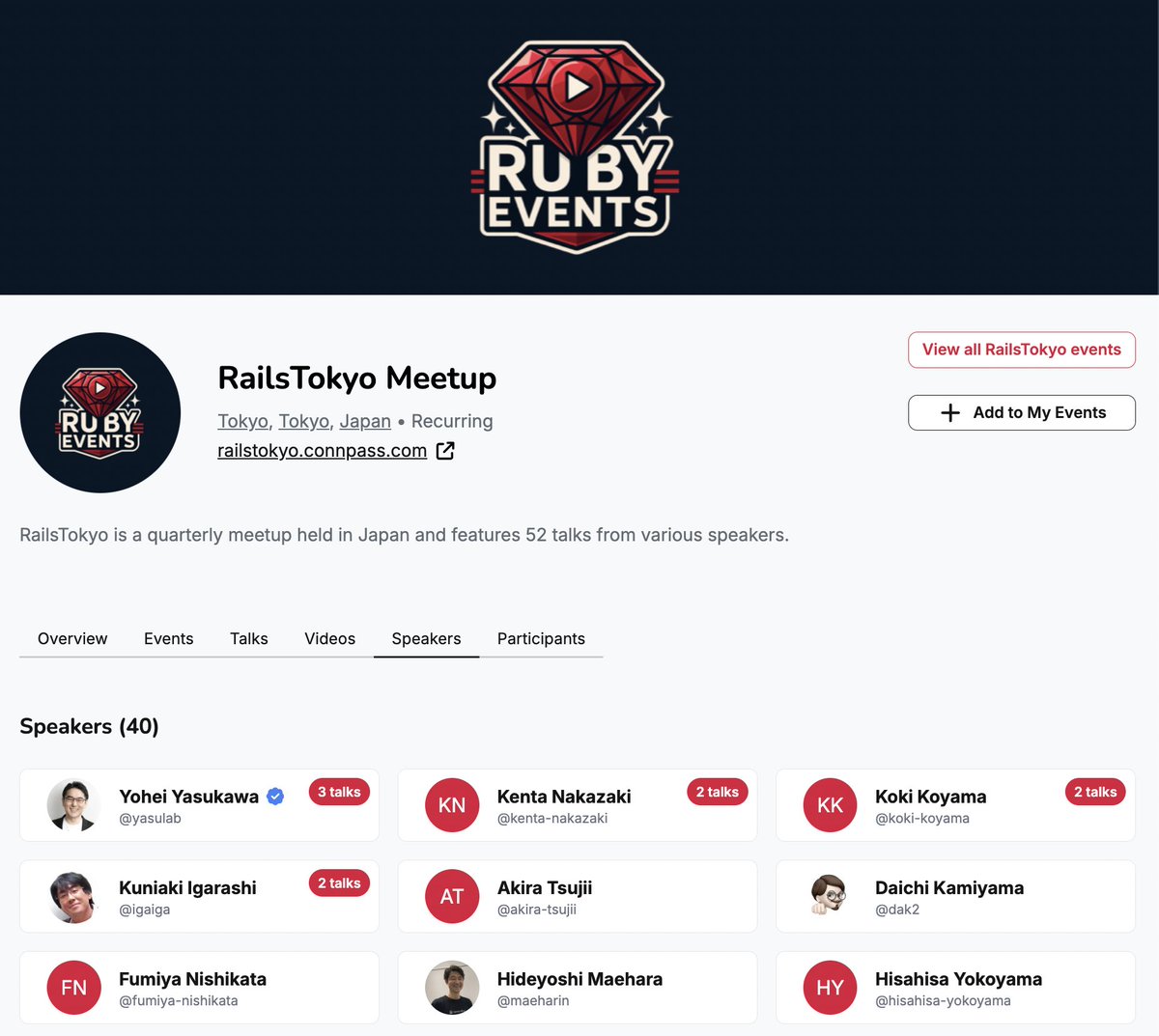 yasulab's tweet photo. #RailsTokyo_Meetup が国際的な RubyEvents で登録されてた!! 💎✨
そしてほぼ毎回協賛 (LT 発表 + 動画化) させていただいているからか、Speakers 一覧で一番最初に表示されてる...!!! 🙇♂️💖
#RubyEvents では国内外の様々なトークが一覧できるので見逃した方はぜひ!! 📺✅ https://t.co/NbrpDeHJpJ