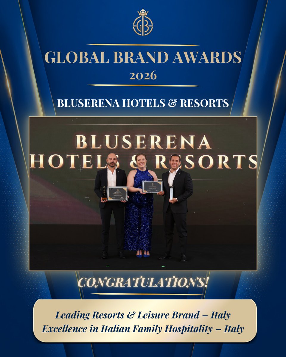 GlobalBrandsMag's tweet photo. Celebrating Bluserena Hotels & Resorts at the Global Brand Awards 2026! Congratulations on this well-deserved achievement and your continued commitment to excellence in hospitality.

#GlobalBrandAwards2026 #GlobalBrandsMagazine #AwardWinners #CelebratingExcellence #BluserenaHotelsAndResorts