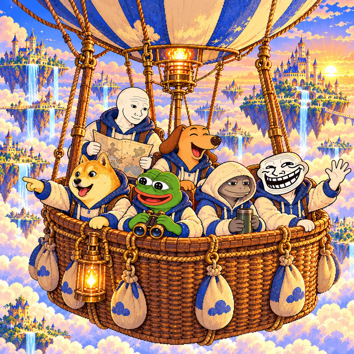 TheMemeAgencies's tweet photo. Wojak has the map, Pepe has binoculars, and Doge wants to visit every island—Meme Agency’s balloon trip might take a while. 🎈☁️ 

#MemeAgency https://t.co/Tf0AsHqajZ