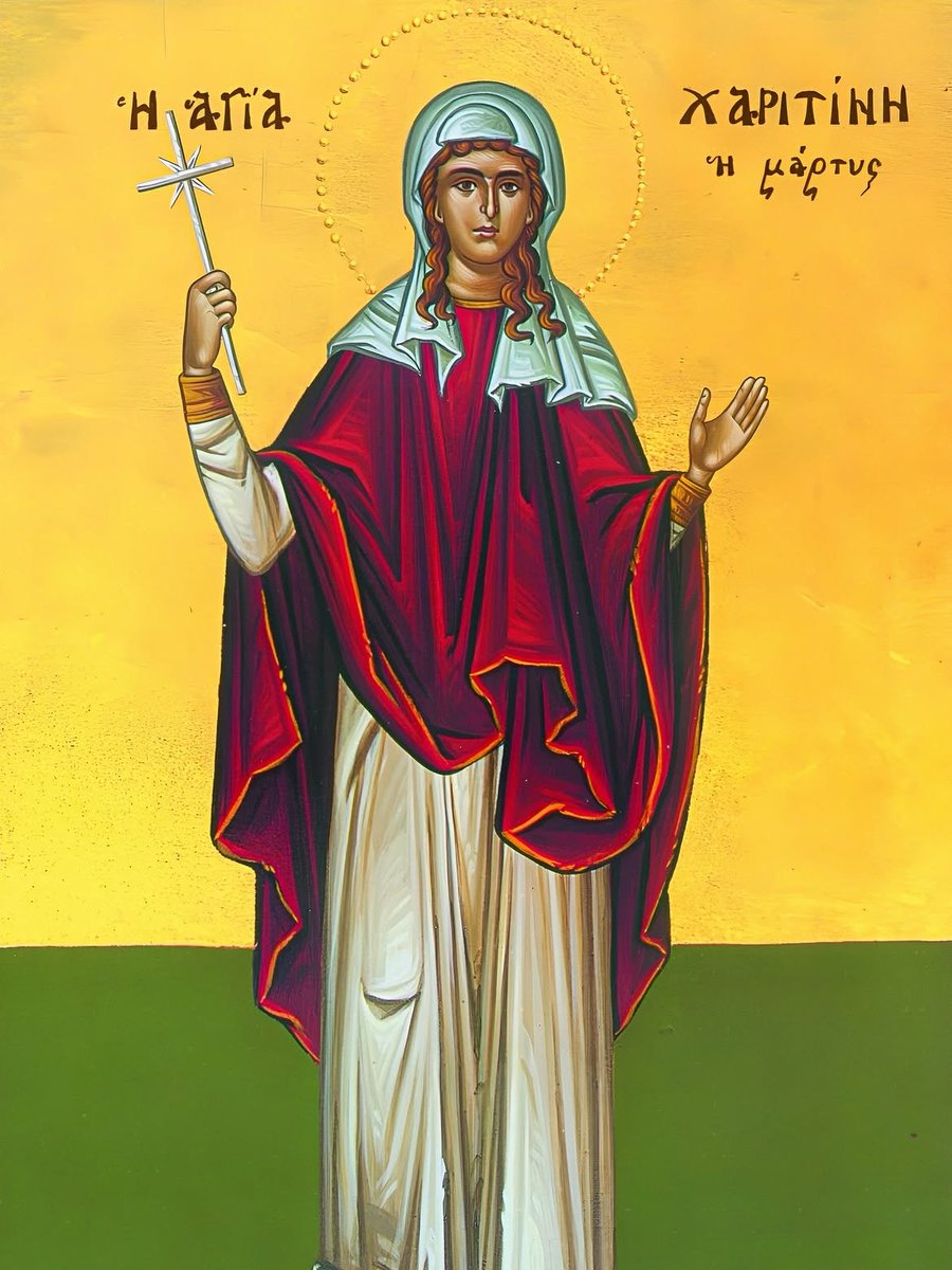 orthodox_33ad's tweet photo. 🔸 October 5 – Saint Charitina of Amisus 🔸

Today we commemorate the Holy Virgin-Martyr Saint Charitina of Amisus. She suffered for Christ in 304 AD during the persecutions of the Roman Emperor Diocletian. St Charitina was born in Amisus of Pontus (today Samsun, Turkey) in 287 AD. Orphaned at a young age, she became a servant to an eminent Christian man named Claudius who raised her as his own daughter. The young Charitina was very beautiful, humble, kind and meek.

She studied the law of God day and night and vowed to live in virginity as a bride of Christ. Though not baptized, she imparted her love for Christ to others, converting many pagans to the way of salvation. This caught the attention of the pagan governor Dometius who sent a letter to Claudius demanding that he deliver Charitina to him. Claudius grieved at the prospect of losing Charitina, but the young martyr comforted him saying: “Do not grieve, my Master, but rejoice, for I am to be reckoned to be close to God, as an acceptable sacrifice for my sins and for yours.”

Charitina was brought to trial asked by the judge if she had been deluding people by bringing them to Christianity. To this she courageously replied: “It is true that I am a Christian, and a lie that I delude others. I lead those in error to the way of truth, bringing them to my Christ.” The judge sentenced the young Saint to the cruelest tortures; hot coals were placed on her head, flaming rods were driven through her breasts, and vinegar was poured on her wounds. Charitina’s hair was then cut off, and she was tied to a stone and thrown into the sea.

The saint joyfully accepted this torment as her baptism, and miraculously, she emerged from the sea unharmed. She was then bound to a wheel which began to turn over burning coals, but an Angel of God stopped the wheel and Charitina again remained unharmed. This was followed with them removing the nails from her hands and her feet. The wicked judge then sent some dissolute youths to rape Charitina. The Saint prayed for the Lord to receive her into his eternal Kingdom, and in that moment, she delivered her soul before these dissolute men could defile her virginal body.