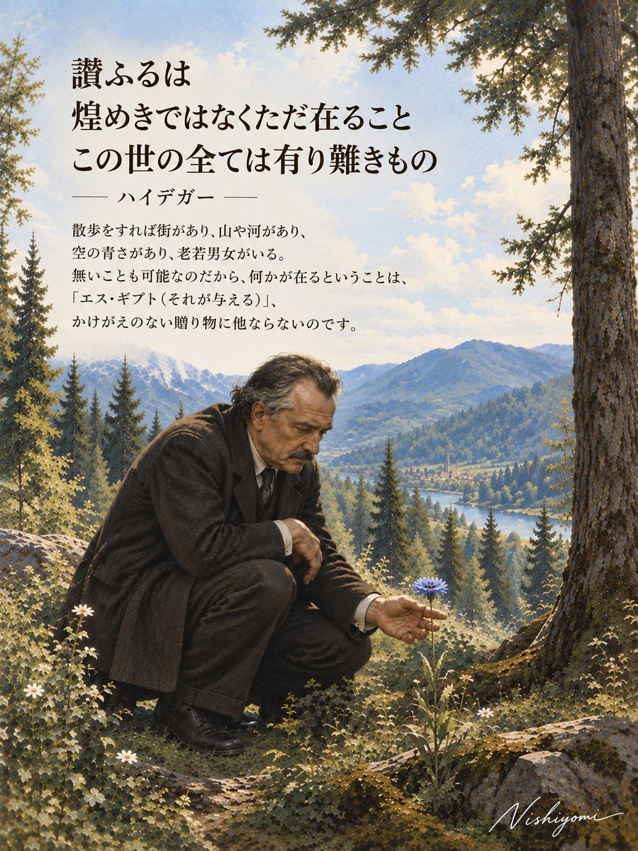 Philosophy0428's tweet photo. 讃ふるは
煌めきではなくただ在ること
この世の全ては有り難きもの

ハイデガー

散歩をすれば街があり、山や河があり、空の青さがあり、老若男女がいる
無いことも可能なのだから、何かが在るということは、「エス・ギプト（それが与える）」、かけがえのない贈り物に他ならないのです