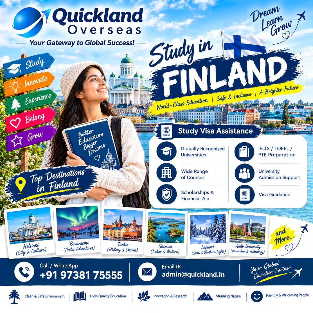 yvonfrantzen's tweet photo. Study in Finland with Quickland Overseas. Explore globally recognized universities, diverse courses, scholarships, test preparation, admissions support, and visa guidance. Build your future through innovation and global opportunities. DM us today. https://t.co/wrfwZPH2xs