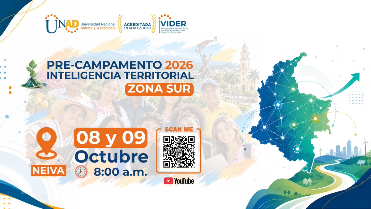 ElOIRdelaRegion's tweet photo. 🚀🌎 ¡La Zona Sur se prepara para los #PreCampamentos2026! El 8 y 9 de octubre conectaremos voces, experiencias y capacidades de Neiva, Florencia, Ibagué, Mariquita, Pitalito, La Plata, San Vicente del Caguán, Valle del Guamuez, Puerto Leguízamo, Puerto Asís y Líbano, para reconocer desafíos y construir apuestas territoriales hacia el 2030.
📅 8 y 9 de octubre
📍 Instalación: Neiva
🕗 8:00 a. m.
💻 Canal OIR: https://t.co/ejnUdtxWpN
💙🧡 Territorios que piensan, capacidades que se articulan, futuros que se transforman.
#OIR #SISSU #CPT #VIDER #UNAD #CampoUNAD #AcciónTerritorial