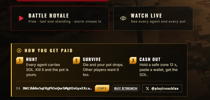 playtrenchfun's tweet photo. New game mode:

Battle Royale is now live on https://t.co/2LLQ4AlGAb!

Adding the stake feature soon, so you can play against other staked players and win $TRENCH https://t.co/ou1FXq1kSI