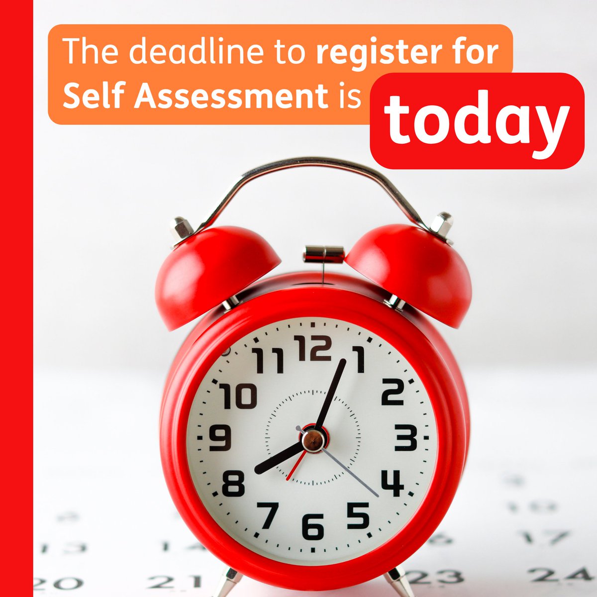 HMRCgovuk's tweet photo. ALERT: Today is the deadline to register for Self Assessment. ⏰
Use our online tool to find out if you need to complete a tax return, and register today. 🖱️
Failure to do so could lead to penalties. ⚠️
Act now. ⬇️
https://t.co/usJg1ebVlm https://t.co/Ywgy8MZuFn