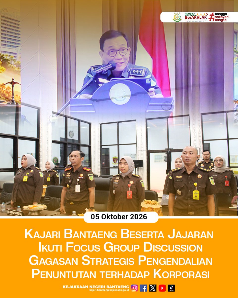 KNBantaeng's tweet photo. Kepala Kejaksaan Negeri Bantaeng Hadi Sukma Siregar, S.H., C.N. beserta jajaran mengikuti kegiatan Focus Group Discussion (FGD) terkait penyusunan gagasan strategis yang dilaksanakan secara daring pada Senin, 5 Oktober 2026. https://t.co/BndM8OgVwK