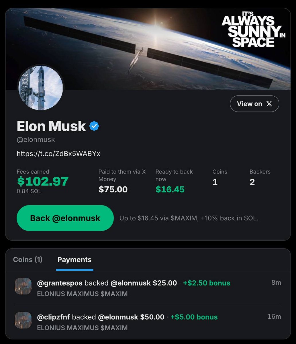 Try_Backers's tweet photo. $100 has been raised for Elon so far - and that means $10 in bonuses have been paid out to backers. https://t.co/sRUInKuVdb