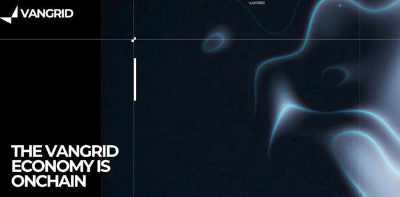 A dark digital graphic with the text 'THE VANGRID ECONOMY IS ONCHAIN' alongside abstract blue glowing wave patterns.
