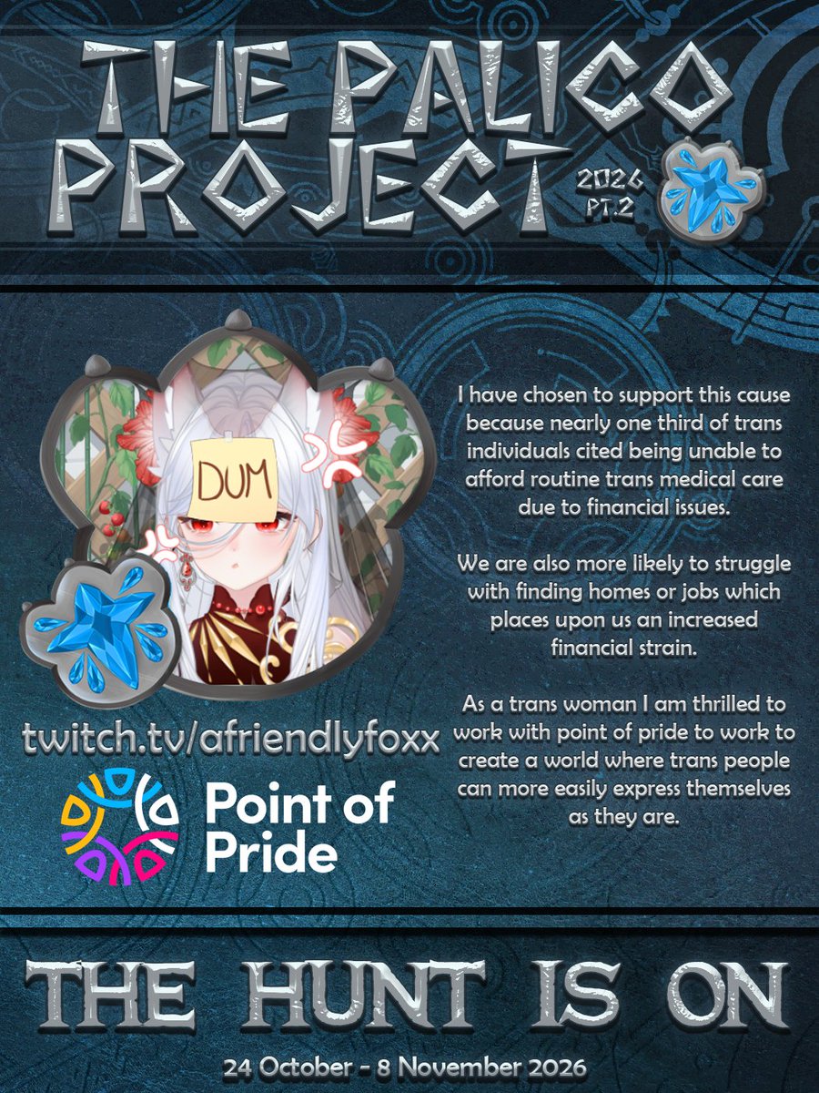 PalicoProject's tweet photo. We welcome ALL HUNTERS! Judging not by the amour you wear, the weapon you yield or the hunter you present as! Trans lives matter! 

The #PalicoProject returns in support of @pointofpride. 

@AFriendlyFoxx is just one creator joining the hunt for PRIDE and everyone is invited! https://t.co/W2eBtDBioN