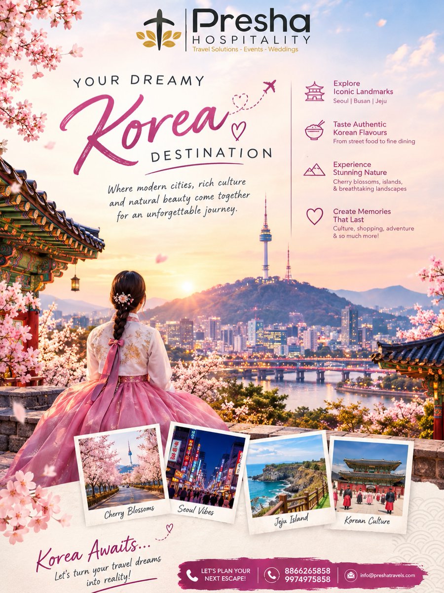 kingcontrol's tweet photo. Dreaming of Korea? From Seoul’s glowing streets and historic palaces to cafés, markets, K-pop, and stunning landscapes, every moment feels unforgettable. Chase cherry blossoms, try new flavors, and make memories that last. https://t.co/jX425E2Awl