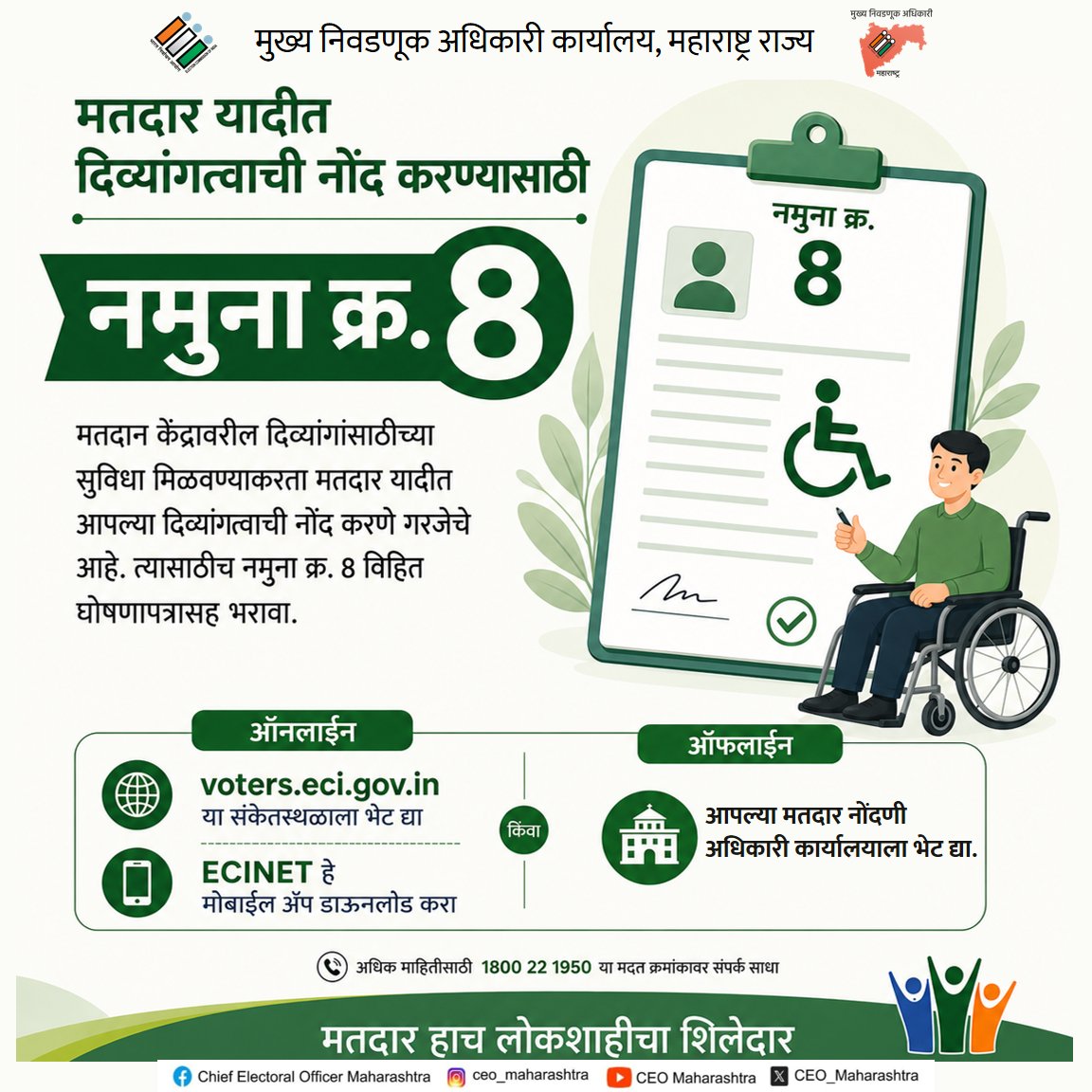 MahaDGIPR's tweet photo. मतदार याद्यांचे विशेष सखोल पुनरीक्षण (#SIR) २०२६

नमुना क्र. ८ भरुन खालील बदल करता येतील. 
📌 निवासी पत्त्यातील बदल अथवा दुरुस्ती
📌 दिव्यांगत्वाची नोंद
📌 वैयक्तिक तपशीलांमध्ये बदल अथवा दुरुस्ती

@ECISVEEP
@CEO_Maharashtra

#विशेषसखोलपुनरीक्षण
#ECI
#SIR2026 https://t.co/CG9GVfR6x2