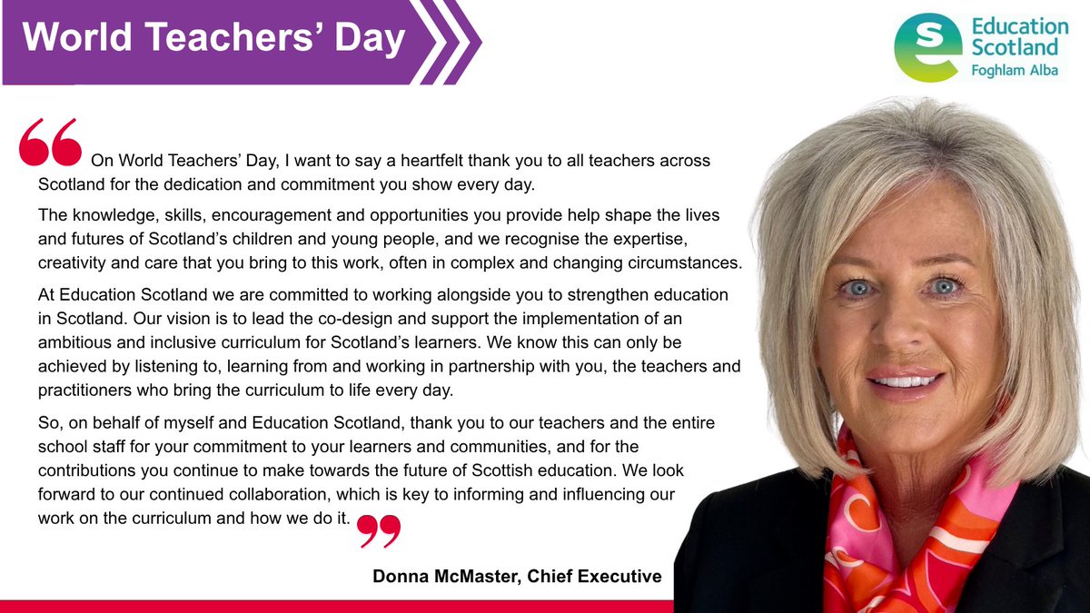 EducationScot's tweet photo. A message from our Chief Executive, Donna McMaster, on World Teachers' Day 2026 https://t.co/YC96S7m7o0