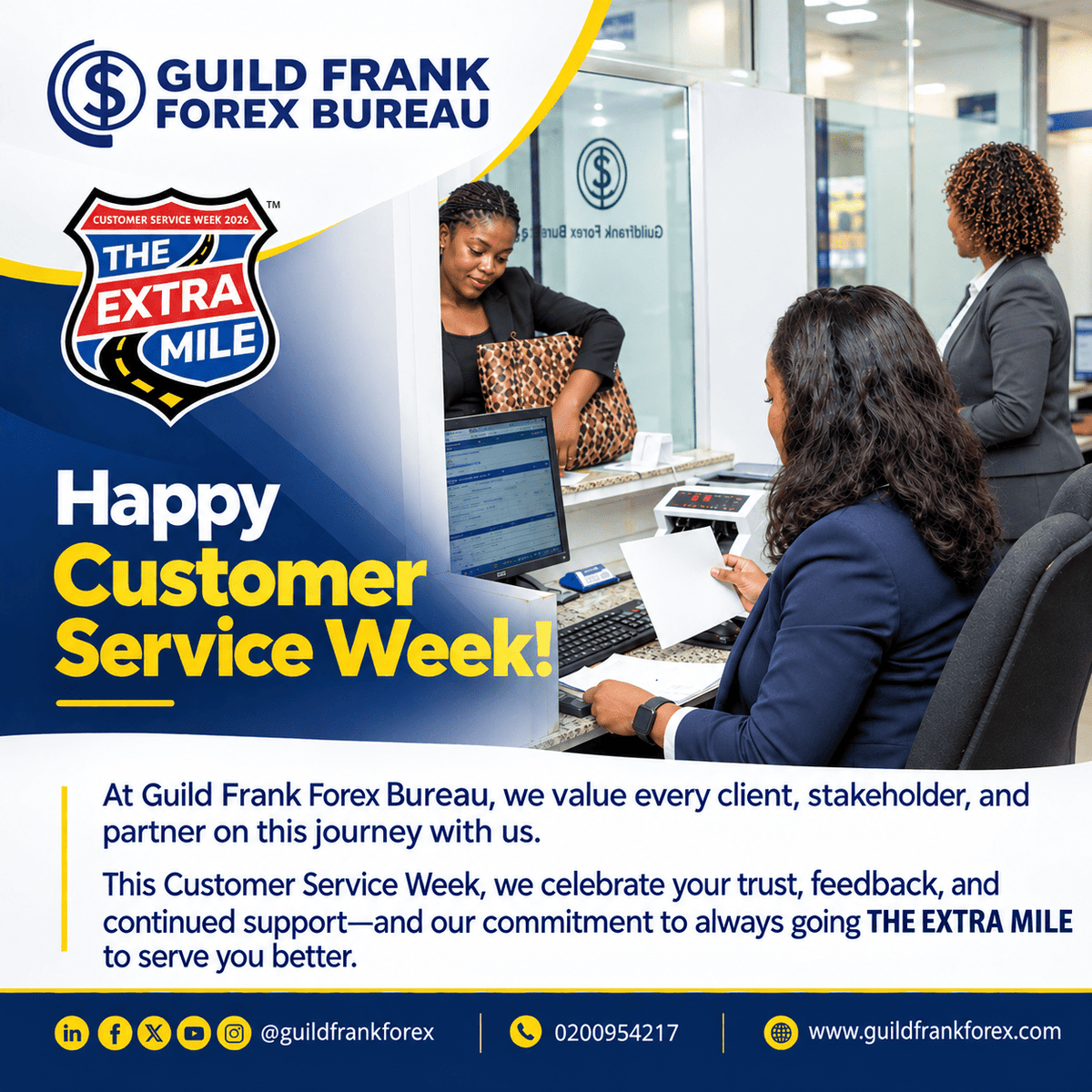 guildfrankforex's tweet photo. Happy Customer Service Week 2026!
We appreciate your trust, feedback, and continued support.
Thank you for being part of the Guild Frank Forex Bureau journey.
We remain committed to going THE EXTRA MILE to serve you better.
#CustomerServiceWeek2026 #TheExtraMile #GuildFrank https://t.co/TNb9FLvCtB