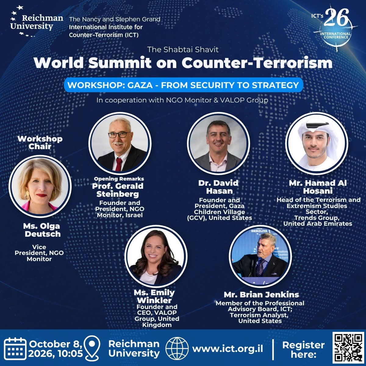 NGOmonitor's tweet photo. On October 8, NGO Monitor VP @olga_deutsch will chair “Gaza: From Security to Strategy” at the @ICT_org 2026 World Summit on Counter-Terrorism at @ReichmanUni. https://t.co/YUa1s9q8Fv