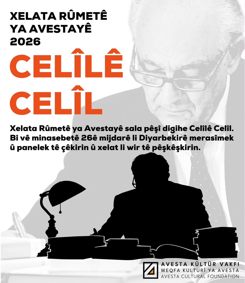 avestayayin's tweet photo. XELATA RÛMETÊ YA AVESTAYÊ 2026
CELÎLÊ CELÎL

Xelata Rûmetê ya Avestayê sala pêşî digihe Celîlê Celîl. Bi vê minasebetê 26ê mijdarê li Diyarbekrê merasîmek û panelek tê çêkirin û xelat li wir tê pêşkêşkirin.

CELÎLÊ CELÎL 90 SALÎ YE

Weqfa Kulturî ya Avestayê di 2026an de hat damezirandin û bi damezirandina xwe re biryarek jî da ku her sal li ser navê şexsiyetekî dîrokî yê kurdan “Xelata Rûmetê” bide. Xelata sala 2026an li ser navê dîroknasê kurd Şerefxanê Bedlîsî bû.  
Lijneya Rêveberiyê ya Weqfê bi kêfxweşî biryar da ku Xelata Rûmetê ya Avestayê ya ji bo sala 2026an pêşkeşî rêzdar Prof. Dr. Celîlê Celîl bike.
Celîlê Celîl, ji nîvê duyemîn ê sedsala 20an heta roja me yek ji giringtirîn kesayetî ye ku di warê kurdnasiyê de xebatên xwe didomîne. Celîl, li zanîngehên Erîvan û Lenîngradê xwendina bilind temam kiriye û bi teza xwe ya li ser serhildanên kurdan ên sedsala nozdemîn di sala 1963an de pileya doktorayê wergirtiye. Celîl di navbera salên 1963-1993an de li Akademiya Zanistan ya Sovyetê mamostetî kiriye.
Wî ligel birayê xwe Ordîxanê Celîl ji bo ronîkirin û tomarkirina dîrok, çand û folklora kurdî bi sedan xebat kirine. Ji sala 1994an vir ve wî ligel komek hevalên xwe Înstîtûta Kurdzaniyê ya Wienê damezrandiye û xebatên xwe di bin banê vê dezgehê de bênavber didomîne.
Jiyan û keda Celîlê Celîl; ne tenê serkeftineke bilind a akademîk e, di heman demê de semboleke geş a berxwedana çandî û têkoşîna nasnameya kurdî ye. Ew zanyarekî mezin ê akademîk, kesayetiyekî naskirî yê qada navneteweyî û yek ji alahilgirên herî giring ên rewşenbîriya kurdî ye. Rêzdar Celîl, nirx û xezîneya kultura kurdî ji bahozên demê parastiye, ew xurt kiriye û bi mîraseke dewlemend veguhastiye bo nifşên siberojê; bi henase û ramanên xwe, bi pênûsa xwe ya zêrîn bûye deng û rengê çanda me. Ev xelat rêzgirtineke ji kûraniya dil, bibîranîneke biheybet û spasiyeke kûr e ji bo ked, xebat û temenê ku wî di hembêza çanda kurdî de derbas kiriye.

Weqfa Kulturî ya Avesta