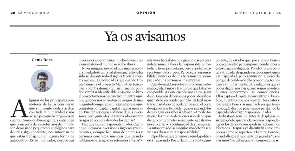 genisroca's tweet photo. La IA és molt perillosa, però ningú es fa responsable.
Uns capturen el benefici, però repartint el cost a la resta.
Altman o Amodei farien el mateix si el risc anés contra el seu patrimoni?
Quan es desplega un sistema cal aclarir qui respondrà pels danys
https://t.co/tyBDL1ggFE https://t.co/ML6PWuKXnG